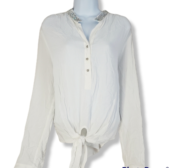 NWT Karen Kane white jeweled collar button down blouse top Womens Large - Picture 1 of 9